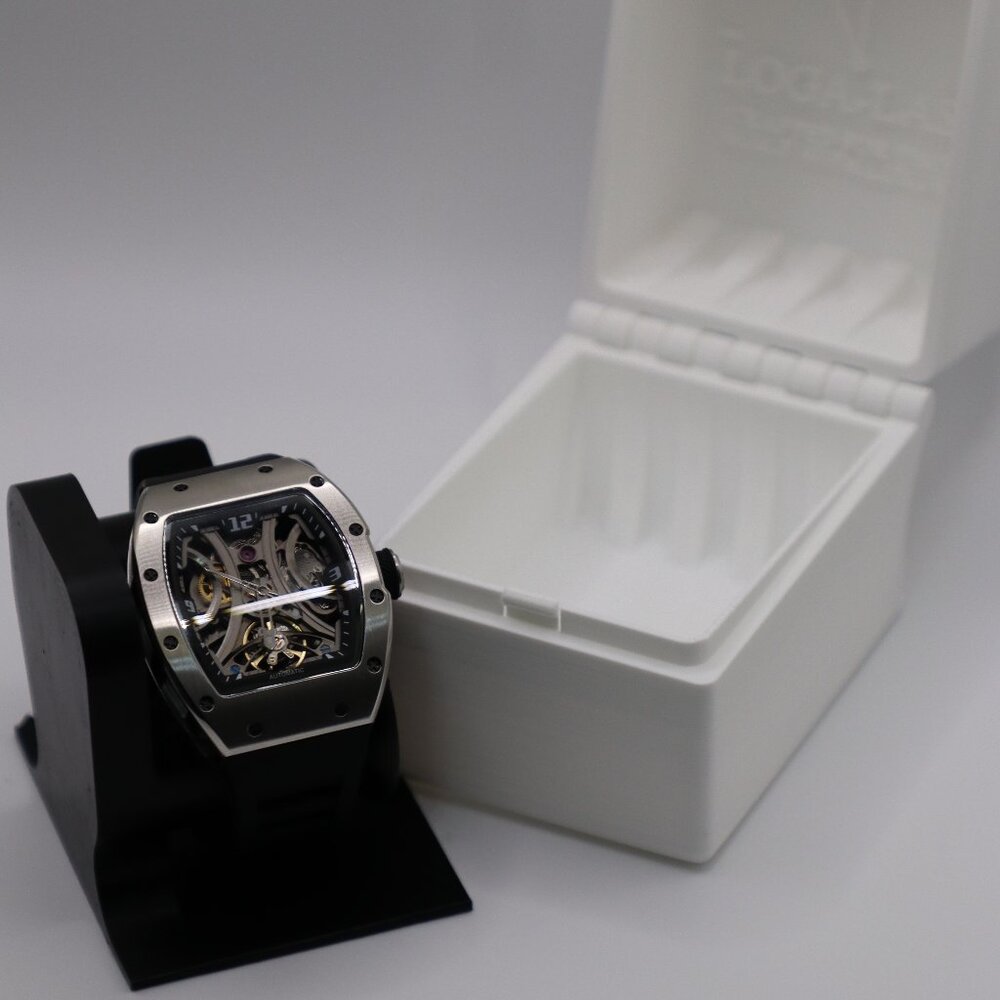 Silver Skeleton Automatic Sport Watch – 39mm Stainless Steel Case, Black Rubber